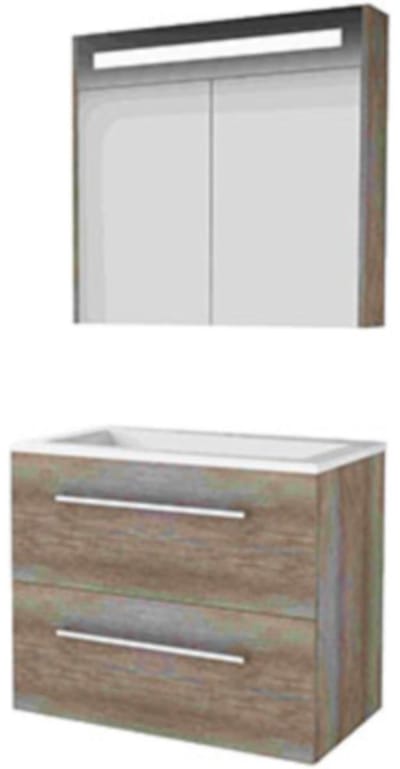 Basic-Line Premium 46 Badkamermeubelset - 80 x 46 cm - Met Grepen - 2 Lades - Acryl Wastafel - 1 Kraangat - Spiegelkast met LED Verlichting - Scotch Oak