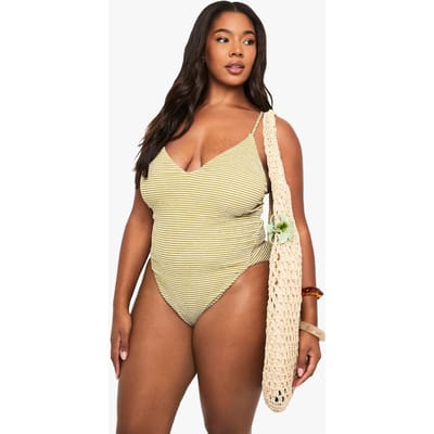 boohoo Dames PLUS GETEXTUREERD GESTREEPT SCOOP-ZWEMPak | Olijf | Maat: 50