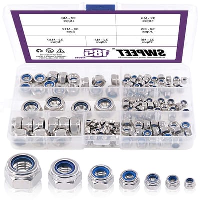 185-delige RVS metrische slotmoeren assortiment kit voor slotringen en nylon inzetmoeren M3 M4 M5 M6 M8 M10 M12