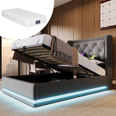 DESMIU Gestoffeerd Bed 90x200 cm – USB En USB C In Hoofdbord – Hydraulische Opbergruimte En Ledverlichting – Voor Slaapkamer – Katoen – Grijs – Met Matras