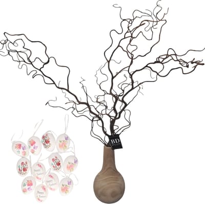 Bellatio Design Kronkelhazelaar kunst paastak - incl paaseieren Happy Easter - 87 cm - paasdecoratie kunsttakken
