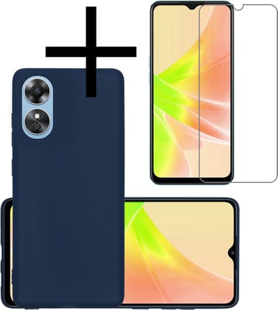 Hoesje - Met Screenprotector - Geschikt voor OPPO A17 - Sterk & Shockproof - Back Cover - Siliconen Case - Telefoon Hoes - Donkerblauw