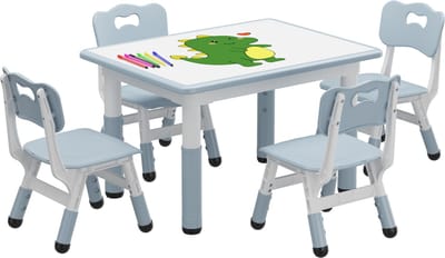 Kindertafel met 4 in hoogte verstelbare stoelen - beschrijfbaar en afwisbaar tafelblad + antislipvoetjes - voor kinderen van 2-10 jaar - thuis/crèche/school -Blauw