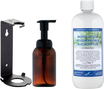 Zeepdispenser 300 ml amber bruin hervulbaar + 1 liter Bodylotion Rozemarijn & Eucalyptus navulling (inclusief beugel)