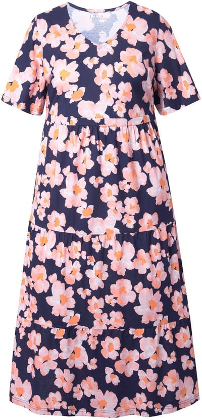 Ulla Popken - Dames - Maxi-jurk bloemen A-lijn V-hals korte kapmouwen - Marine - Maat 58+