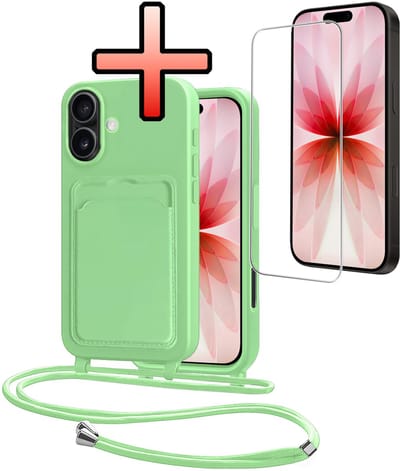 Hoes Geschikt voor iPhone 17 Hoesje Pasjeshouder Cover Met Koord Case Siliconen Hoes Met Telefoonkoord en Kaarthouder Met Screenprotector - Groen