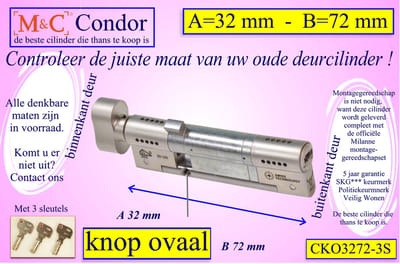 M&C Condor high security deurcilinder met Knop OVAAL 32x72 mm - SKG*** - Politiekeurmerk Veilig Wonen - inclusief gereedschap montageset