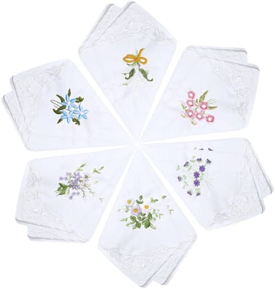 Dailygoods- Zakdoek 12 Stuks - Katoenen Zakdoeken - Geborduurde Zakdoeken - Vintage Zakdoek met Bloemenkant - Antislip - Hoogwaardig Materiaal - Dameszakdoek