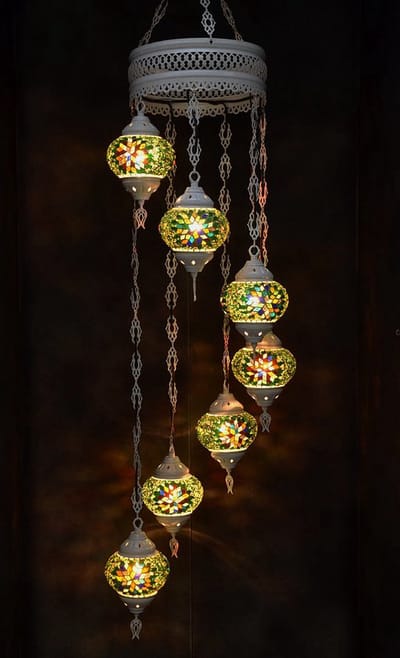 Hanglamp multicolourpastel groen glas mozaïek Oosterse lamp kroonluchter Crèmewit 7 bollen