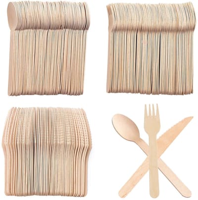 Dailygoods- Houten Bestek 300 Stuks - Houten Messen/Vorken/Lepels - Biologisch Afbreekbaar - Voor Feesten/Kamperen - Premium Berkenhout - BPA-vrij - Wegwerpbestek