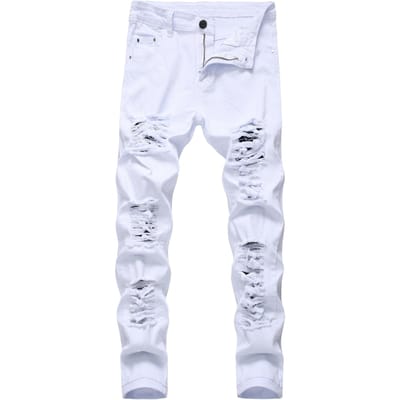 Jean skinny vieilli pour homme - Mélange de coton, coupe standard, sans élasticité, couleur unie, longueur conventionnelle, saisonnier, détails déchirés, tissu tissé 28 white
