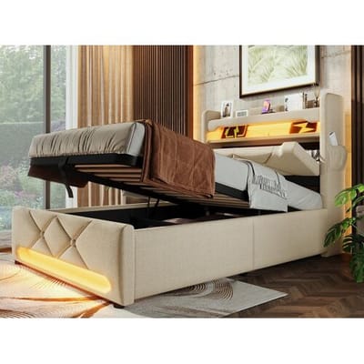 ModernLuxe Gestoffeerd opbergbed 90x200 cm - met LED en USB-oplaadpoorten - Linnenstof - Hoofdeinde met opbergruimte - Beige
