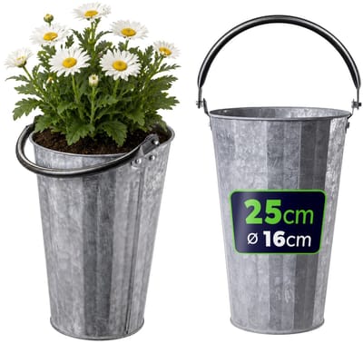 KADAX bloempot 16 x 25 cm, bloempot van verzinkt staal, plantenpot met handvat, zinken pot voor balkon, terras en tuin, kruidenpot van metaal (zilver)