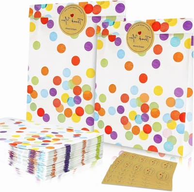 50 cadeauzakjes met 50 stickers, 19 x 13 x 3,5 cm, papieren zakjes voor kinderfeestjes, verjaardagsfeestjes en traktaties