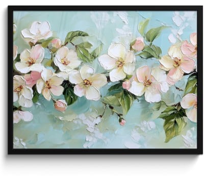 Poster in lijst - Fotolijst 70x50 cm - Posters - Bloesem - Bladeren - Lichtblauw - Posterlijst zwart - Decoratie - Wanddecoratie woonkamer - Muurdecoratie slaapkamer