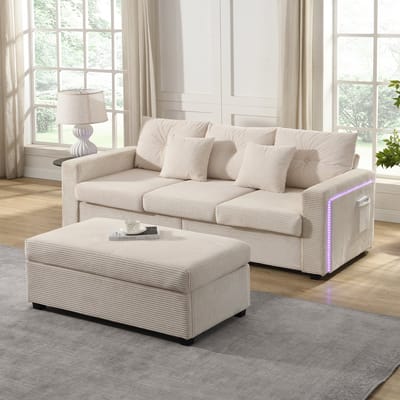 Moderne LED-bankcombinatie met Wolkachtige Zitervaring, 3-zitsbank + Extra Grote Afneembare poef, Robuust L-vormig Modulair Woonkamermeubilair-Beige