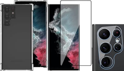 Hoesje geschikt voor Samsung Galaxy S22 Ultra - Anti Shock Proof Siliconen Back Cover Case Hoes Transparant - PET Glasfolie Screenprotector - Camera Lens Tempered Glass Protector