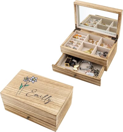 Houten Sieradendoos - Juwelendoosje Organizer - Sieraden Opbergen - Met Make-up Spiegel - 24.5x16x11cm - Rustiek