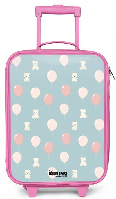 NoBoringSuitcases.com® - Kinderkoffer roze - Kindertrolley meisje - Beertjes in luchtballonnen tussen wolken en ballonnen - Koffer kind lichtgewicht - Reiskoffer trolley voor kinderen - Koffertje met lichtgevende wieltjes - Rolkoffer