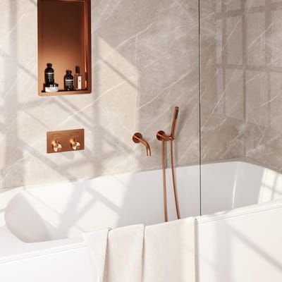 Brauer Copper Edition Thermostatische Inbouw Badkraan Drukknoppen - Uitloop - Staaf - Doucheslang - Wandaansluitbocht - Handdouche - Koper Geborsteld Pvd