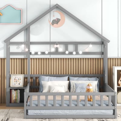 STILVORA Kinderbed 140x200cm – Huisbed Met Veiligheidsrand 31 cm – Met Nachtkastje – Geschikt Voor Kinderkamer – Grenenhout – Grijs – Zonder matras
