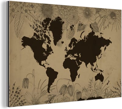 Wanddecoratie Metaal - Aluminium Schilderij Industrieel - Wereldkaart - Vintage - Zwart - 180x120 cm - Dibond - Foto op aluminium - Industriële muurdecoratie - Voor de woonkamer/slaapkamer