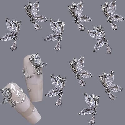 Nail Charms - Set van 10 -Nail-artdecoraties - 5 paar - Koperen Vlinder met Zirkonia - 3D Zilveren Vlinders - Nagel Rhinestones - 15 × 9mm - Voor Nagelkunst - Zilver