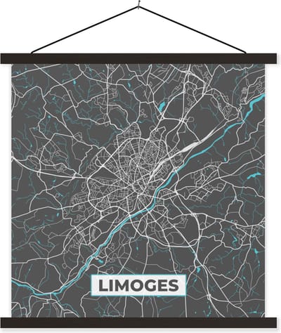 Posterhanger incl. Poster 60x60 cm - Schoolplaat - Limoges - Frankrijk - Kaart - Stadskaart - Plattegrond - Textielposter - Zwarte latten - Stadskaart