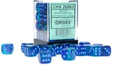 Chessex Gemini Blue-Blue/light blue Luminary D6 12mm Dobbelsteen Set (36 stuks)