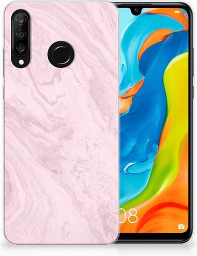 Huawei P30 Lite TPU Siliconen Hoesje Marble Pink - Origineel Cadeau Vriendin