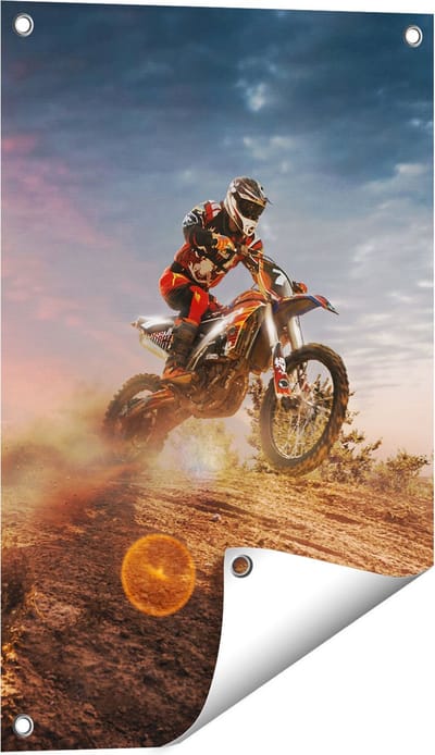 Gards Tuinposter Motorcross op een Heuvel bij Zonsondergang - 40x60 cm - Tuindoek - Tuindecoratie - Wanddecoratie buiten - Tuinschilderij