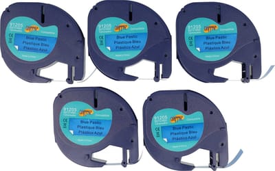 Dappaz - 5 stuks Dymo Compatible LetraTag 91205 Labeltape Zwart op Blauw 12 mm x 4 m - Geschikt voor LetraTag Labelprinter S0721650