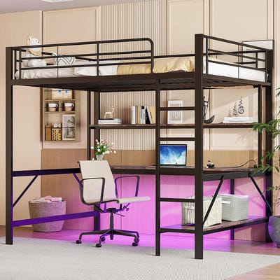 KOMHTOM - Hoogslaper - Maten 140x200 cm - Met Leuning en Trapladder - Ingebouwde USB en Stopcontact - Met LED-verlichting en Bureau - Zonder Matras - Metaal - Zwart