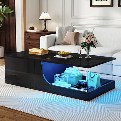 OKWISH Salontafels Koffietafel - Koffietafel Met Dubbellaags Opbergruimte En LED - 100x50x30 cm - MDF - Zwart