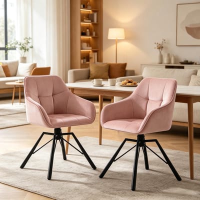 MODFU Eetkamerstoel - 360 Graden Draaibaar - Met Armleuningen - Modern - Metaal En Fluweel - Roze - 58,5 X 82,5 X 54,5 Cm
