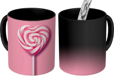Magische Mok - Foto op Warmte Mokken - Koffiemok - Snoep - Lolly - Hart- Roze - Magic Mok - Beker - 350 ML - Theemok
