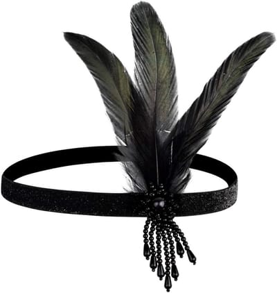 Elegante jaren '20 veren haarband voor vrouwen, flapper kostuumaccessoire, vintage bruiloft en feestdecoratie met franjes en kristallen.