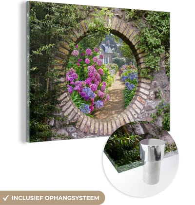 MuchoWow® Glasschilderij 120x90 cm - Schilderij acrylglas - Doorkijk - Bloemen - Hortensia - Zomer - Foto op glas - Schilderijen