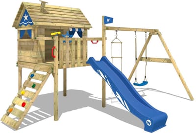 Wickey Smart Travel Speeltoestel - Schommel en Touwladder met Glijbaan - Speelhuis met Houten Dak - 473x377x268 cm - Blauw