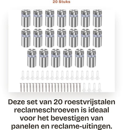 Dailygoods- Reclameschroeven 20 stuks - Roestvrij Staal - Afstandhouder Fietstas - Standoff Glas - Paneelwandhouder - Eenvoudig te Installeren - Afstandhouders