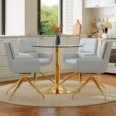 OKWISH Eethoek 85 Cm - Ronde Glazen Tafel Met 4 Draaibare Stoelen - Eetkamer - Gehard Glas, Metaal En PU - Goud