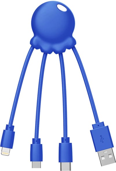 Xoopar, 3-in-1 Kabel - Octopus - USB-A naar Micro/USB-C/Lightning - 0.1m, Blauw