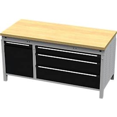 Otto Kind brede werkbank type 440, multiplexplaat van beukenhout, vlak afgeschoten, tot 1400 kg, B 1697 x D 750 x H 850 mm, staal, centrale vergrendeling, blank aluminium/diepzwart