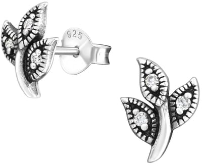 Joy|S - Zilveren takje oorbellen - takje met blad oorknoppen - 7 x 9 mm - zirkonia - geoxideerd