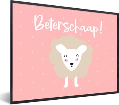 Fotolijst incl. Poster - Beterschap - Quote - Roze - Schaap - 40x30 cm - Posterlijst