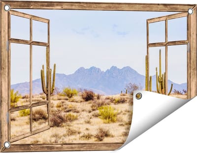 Gards Tuinposter Doorkijk Cactussen in de Woestijn - 60x40 cm - Tuindoek - Tuindecoratie - Wanddecoratie buiten - Tuinschilderij