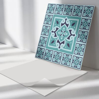 Wallfluent Vinyl Tegels - Patroon met Bloemmotieven Vloer Tegels PVC - 30 cm x 30 cm - Turkoois PVC Tegels - Verpakking van 9 stuks - Vierkant PVC Tegels - Patroon Plaktegels - Zelfklevende PVC Tegels - Plaktegels Keuken en Badkamer