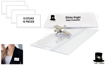 Bob Online™ – 10 Stuks Transparante Naamkaarthouders met Krokodillenclip & Veiligheidsspeld voor Eenvoudige Bevestiging aan Kleding – Lichtgewicht – Afmetingen (L) 8,9 cm x (B) 5,7 cm – Flexibel PVC Materiaal – 10 Pieces Name Badge Holders