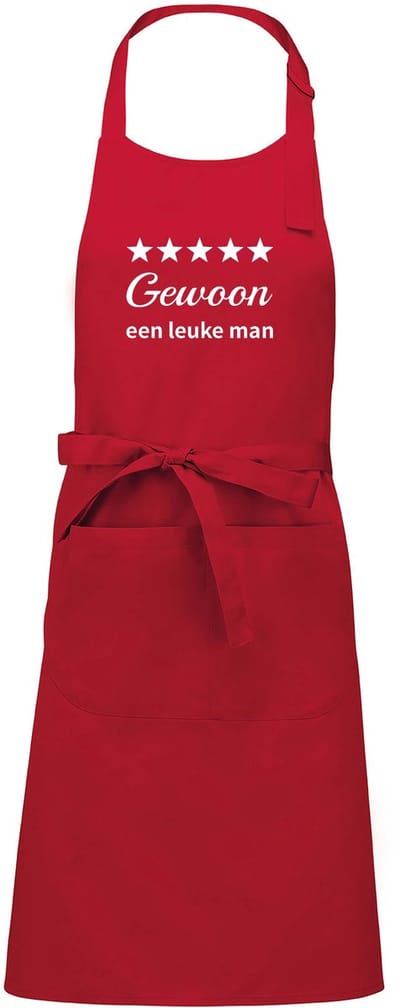 Luxe Keukenschort met Tekst “Gewoon een leuke man” – Cadeau voor Koken & Barbecue – Verstelbaar, Met Voorvak - 76 x 90 cm - rood