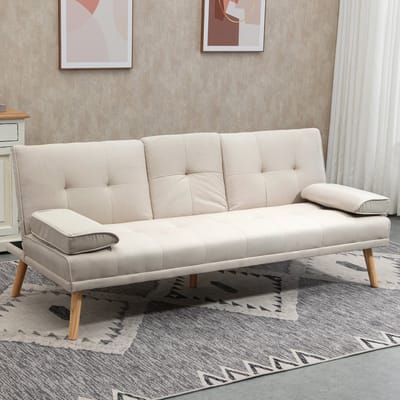 OKWISH Bedbank 181 Cm - 3-Zits Slaapbank Met 3 Standen Rugleuning En Klaptafel - Scandinavisch Voor Woonkamer - Polyester - Beige